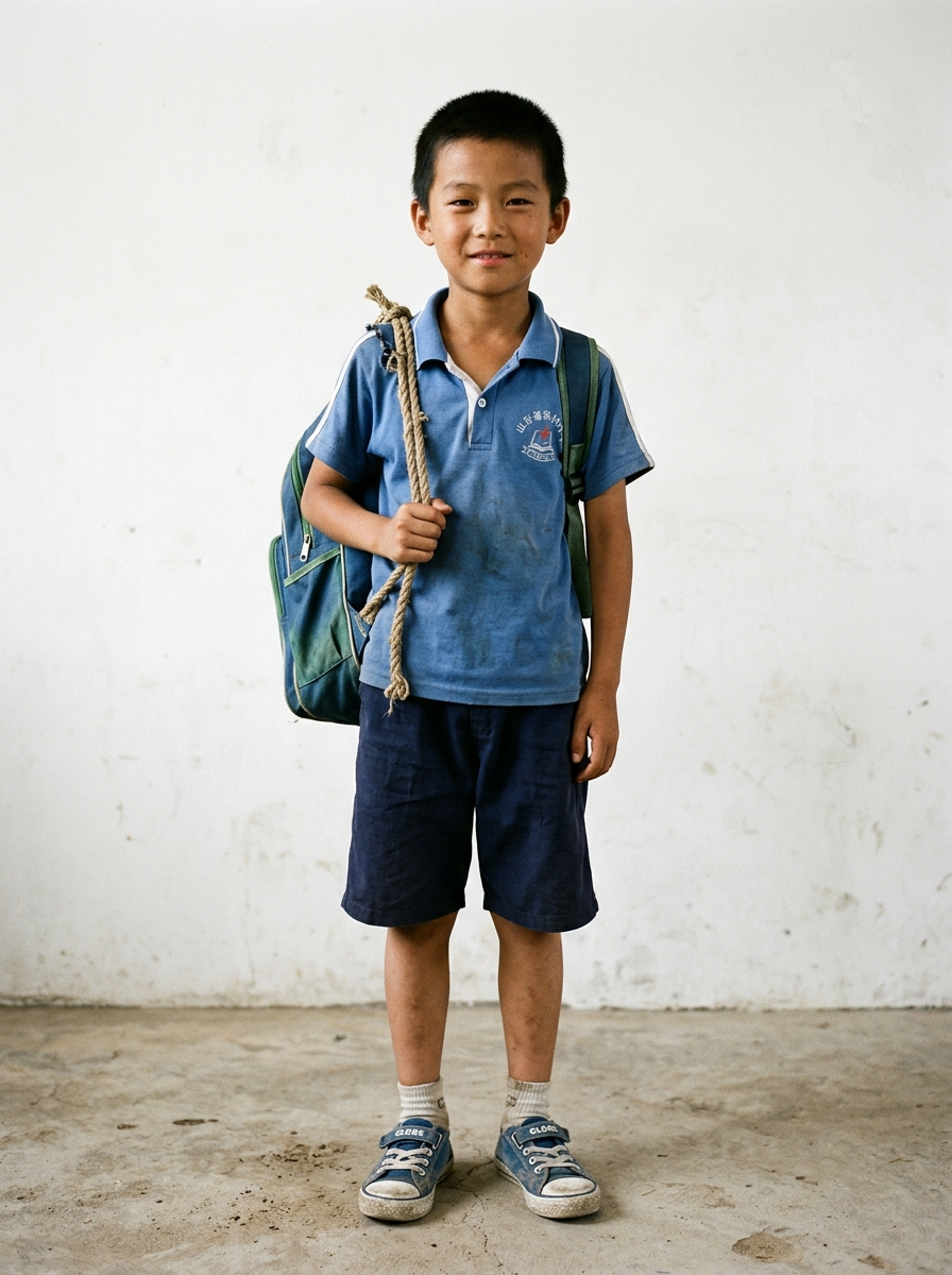 生成一张,2007年山东农村小男孩的全身照,穿着夏天的校服,脚上穿着一双环球牌的蓝色鞋子;背着双肩包,书包一侧的背带坏了,用绳子做肩带;背景为白色。