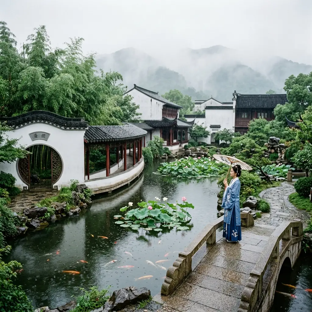 江南园林:白墙黑瓦的徽派建筑,曲折回廊,月洞门透出竹林,池塘中锦鲤游动,水面倒映着盛开的荷花,细雨蒙蒙中,一位撑油纸伞的女子站在石桥上,背景是朦胧的远山。
