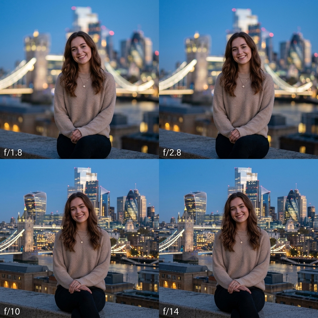 Canon camera, 85mm fixed lens, creating a gradual change of f/1.8, f/2.8, f/10, f/14 aperture effect
